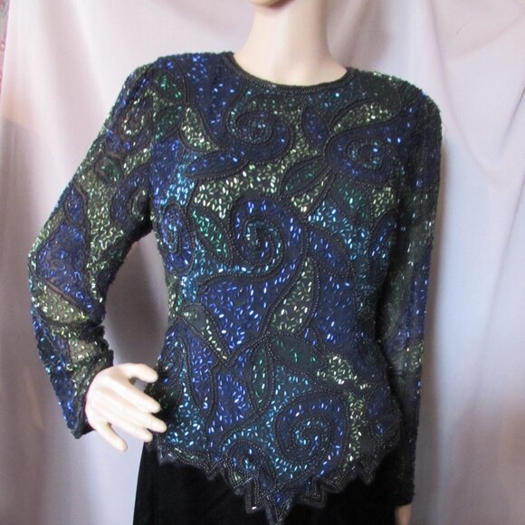 SALE Sparkly Special Event Beaded Top Swirly Blue Green Black - Picture 2 of 11